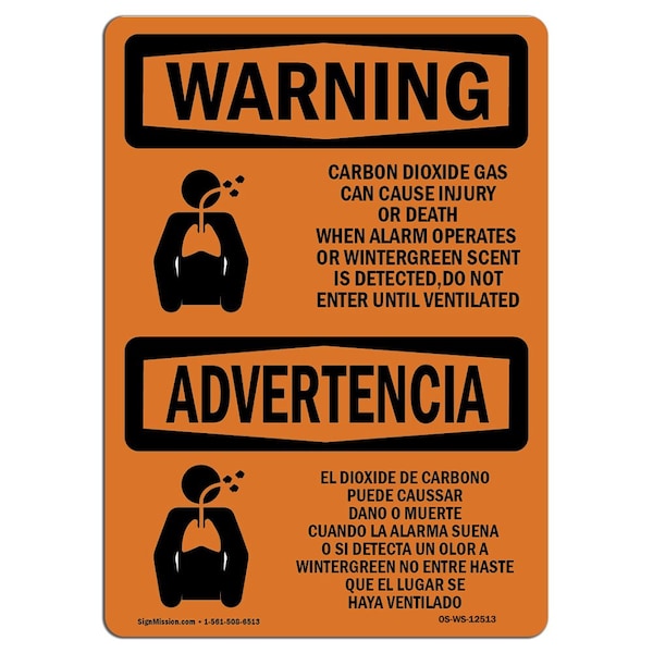 Safety Sign, OSHA WARNING, 18" Height, 24" Width, Carbon Dioxide Gas Bilingual, Landscape